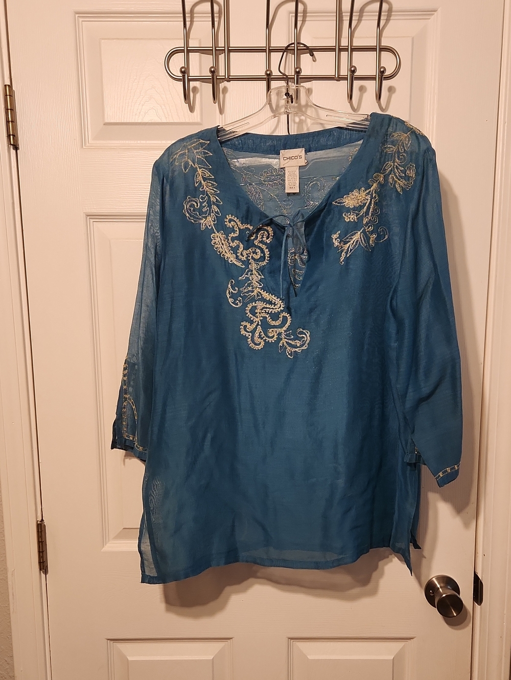 Chico's Teal Blue Embroidered V-Neck Tunic